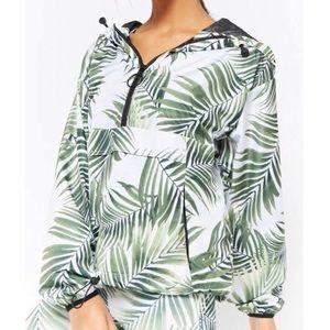 Forever 21 Active White/Green Leaf Print Anorak Jacket w/Kangaroo Pockets